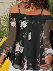 Off shoulder halter women floral printed button chiffon blouses