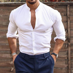 Mans Stylish Round Neck Long Sleeves Solid-color Shirt