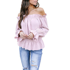 Off Shoulder Elastic Waist Ruffle Trim Plain Bell Sleeve Blouses