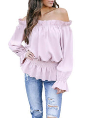 Off Shoulder Elastic Waist Ruffle Trim Plain Bell Sleeve Blouses
