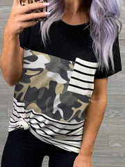 Casual round neck pullover leopard printed camouflage patchwork slim T-shirts