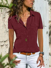 Short Sleeve Women Turn Down Collar Blouse