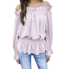 Off Shoulder Elastic Waist Ruffle Trim Plain Bell Sleeve Blouses