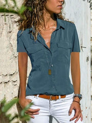 Short Sleeve Women Turn Down Collar Blouse