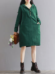 Buttoned Long Sleeve Casual Hoodie Dress