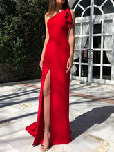 Elegant One off shoulder red plain Women Long Evening Party Dresses