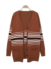 Brown Stripe Knitted Woman Cardigan Coats