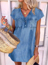 Casual Denim Cotton-blend Short Sleeve V Neck Dresses