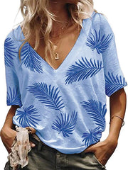 Daily Leaves Printed V neck Women Short Sleeve T-shirts