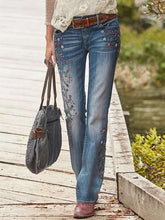 Women embroidery printed long pants denim jeans