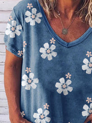 Beautiful flower v neck short sleeve summer T-shirts