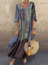 Women Printed Button V neck Loose Maxi Dresses