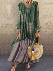 Women Printed Button V neck Loose Maxi Dresses