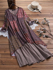 Women Printed Button V neck Loose Maxi Dresses