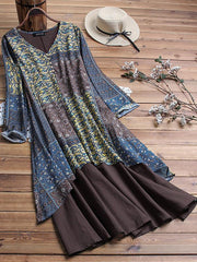 Women Printed Button V neck Loose Maxi Dresses