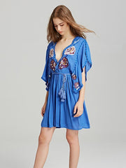 Embroidered Deep V-neck Mini Dress