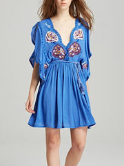 Embroidered Deep V-neck Mini Dress