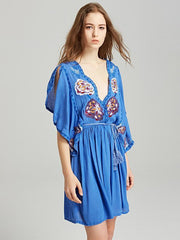 Embroidered Deep V-neck Mini Dress