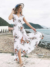 Fashion Print V neck Short sleeve Lacing Maxi Dresses