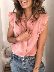 Women turn down neck sleeveless stringy selvedge blouses