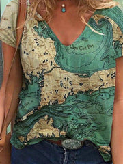 Casual Printed V Neck Short Sleeve Tops