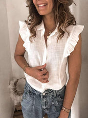 Women turn down neck sleeveless stringy selvedge blouses