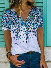 Blue Casual V Neck Short Sleeve Tops