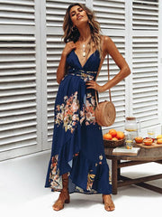 Bohemia Floral V-neck Backless Split-side Maxi Dress