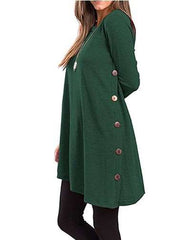 Casual Loose Pure Fastener Round enck Long sleeve Shift Dresses