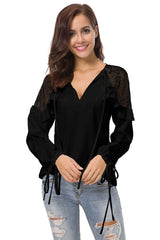 Fashion Lace V neck Gored Blouses