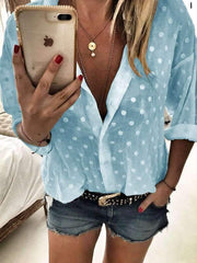 Round point turn down neck long sleeve blouses tops
