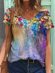 Blue V Neck Shift Casual Short Sleeve Shirts & Tops