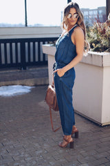 Casual Fashion Sleeveless Plain Elastic Waist Jumpsuit