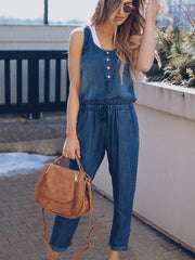 Casual Fashion Sleeveless Plain Elastic Waist Jumpsuit