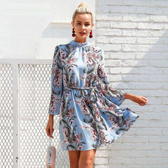 Sexy Print Mandarin sleeve Backless Lacing Shift Dresses