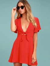 Deep V Neck Bowknot Plain Bell Sleeve Short Sleeve Casual Dresses