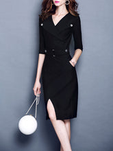 Buttoned Pleated Elegant Surplice Neck Dress