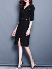 Buttoned Pleated Elegant Surplice Neck Dress