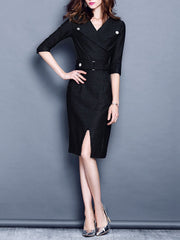 Buttoned Pleated Elegant Surplice Neck Dress