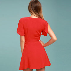 Deep V Neck Bowknot Plain Bell Sleeve Short Sleeve Casual Dresses