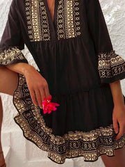 Black Cotton-Blend A-Line 3/4 Sleeve Dresses