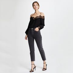 Spaghetti Straps Lace Patchwork Long Sleeve Blouses