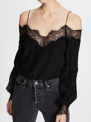 Spaghetti Straps Lace Patchwork Long Sleeve Blouses