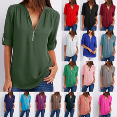 Woman Fashion Loose Daily Chiffon Long Sleeve V Neck Blouses