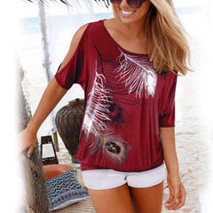 Off shoulder Sexy Print Round neck T-Shirts