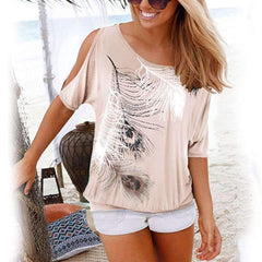 Off shoulder Sexy Print Round neck T-Shirts