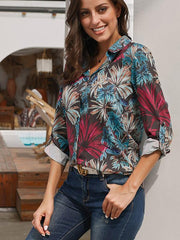 Loose Leave printed long-sleeve plus-size blouses