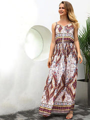 Retro Spaghetti-neck Waisted Floral Bohemia Maxi Dress