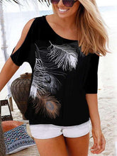 Off shoulder Sexy Print Round neck T-Shirts