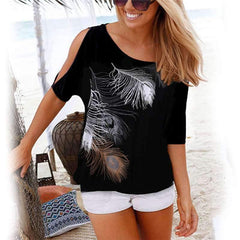 Off shoulder Sexy Print Round neck T-Shirts